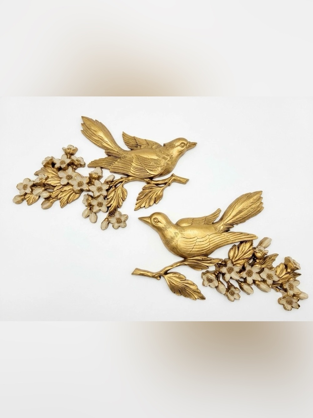 Pair Vintage 1960 Syroco Flower Wall Hanging Plaque Floral Birds Dove Gold EUC